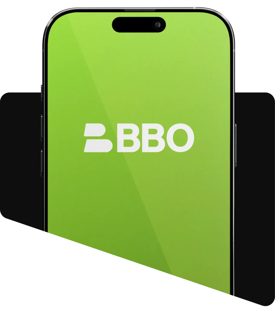 Smartphone screen showing the white BBO logo on a bright green background representing the BBO mobile app.