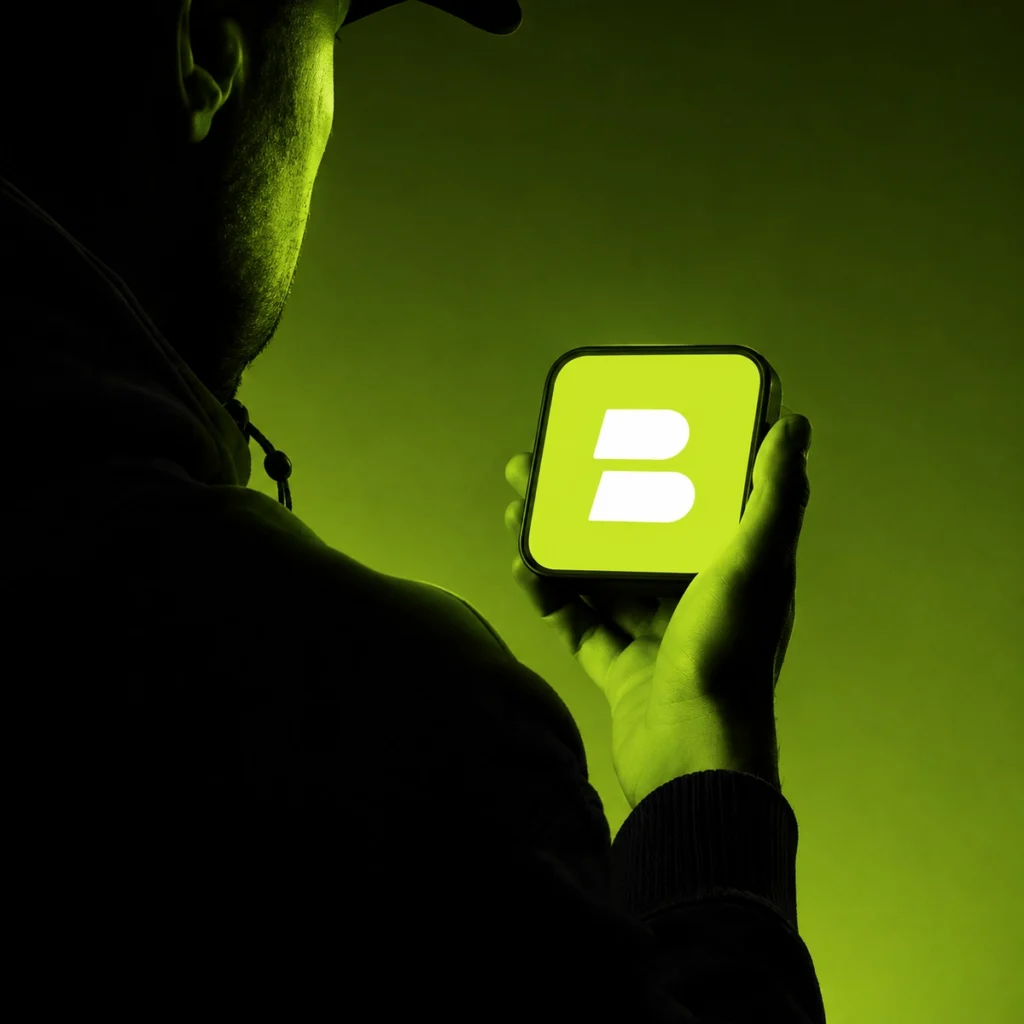 A person holding a glowing neon green device featuring the white BBO3 letter B logo