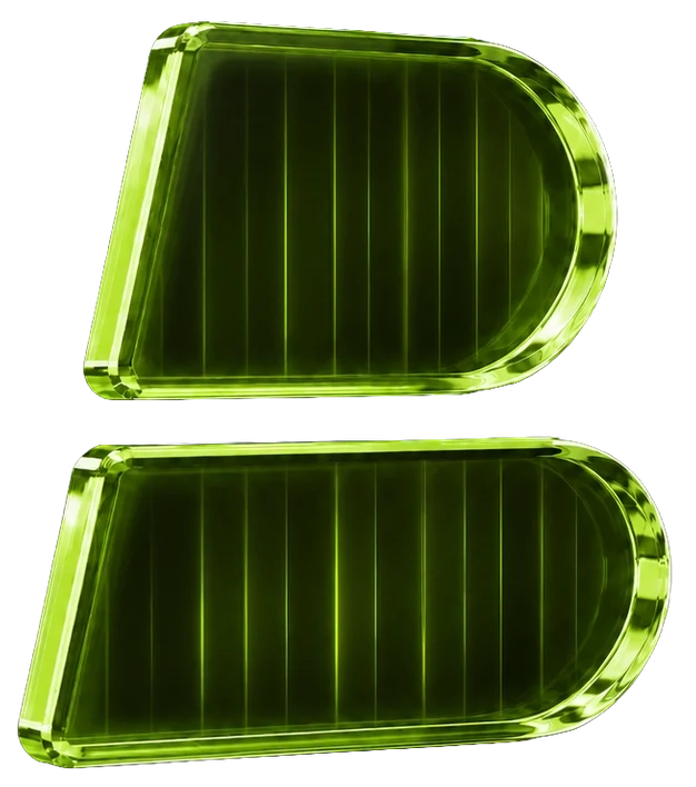 Two semi-oval glowing green glass shapes with vertical internal lines on black background