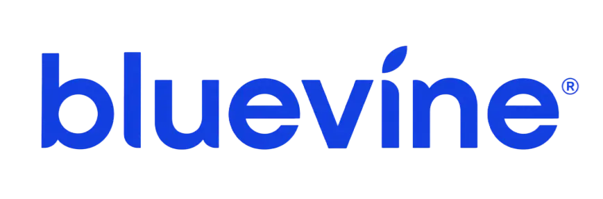 The official Bluevine logo featuring modern blue typography with a leaf-shaped dot over the letter i.