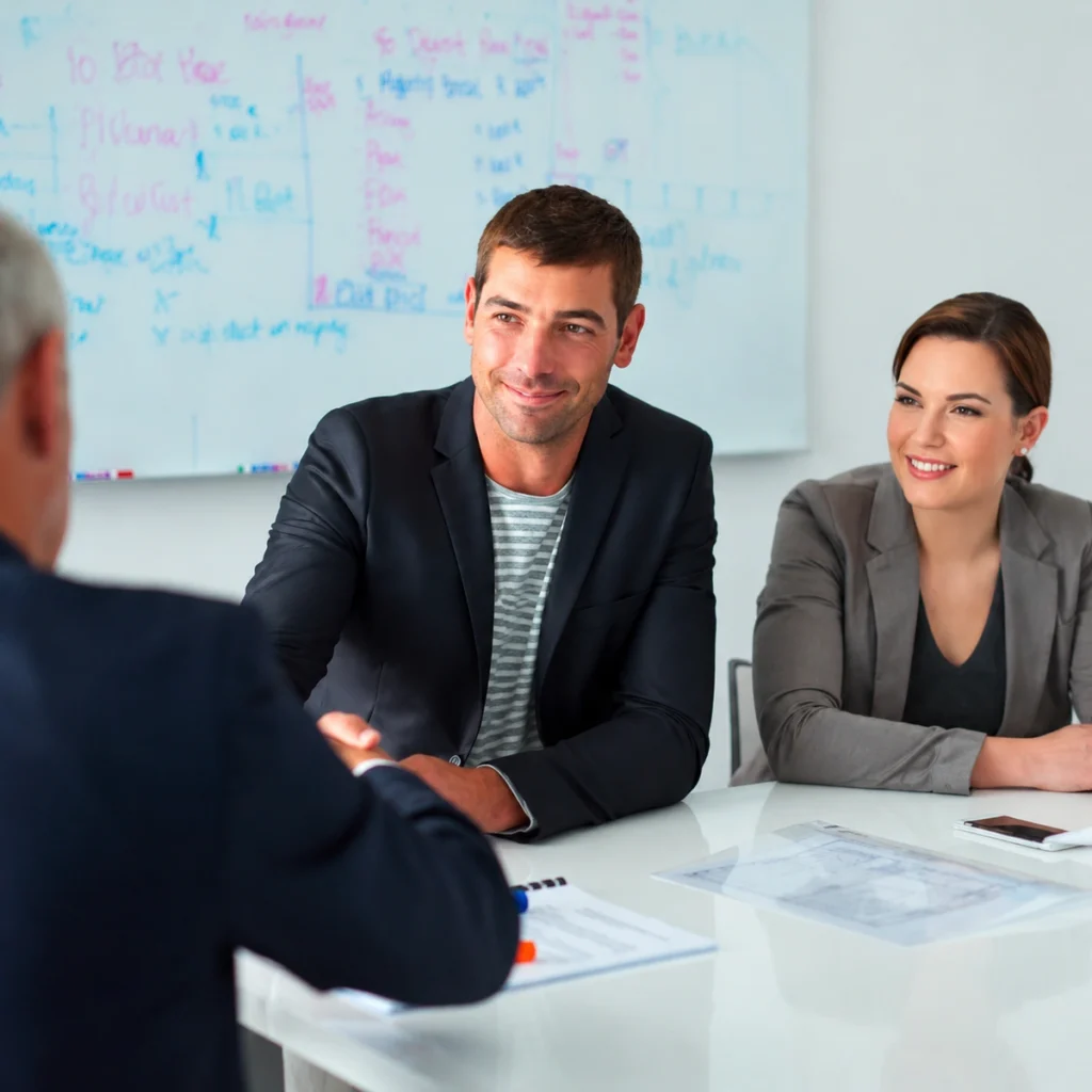 A smiling businessman shaking hands with a client during a corporate meeting