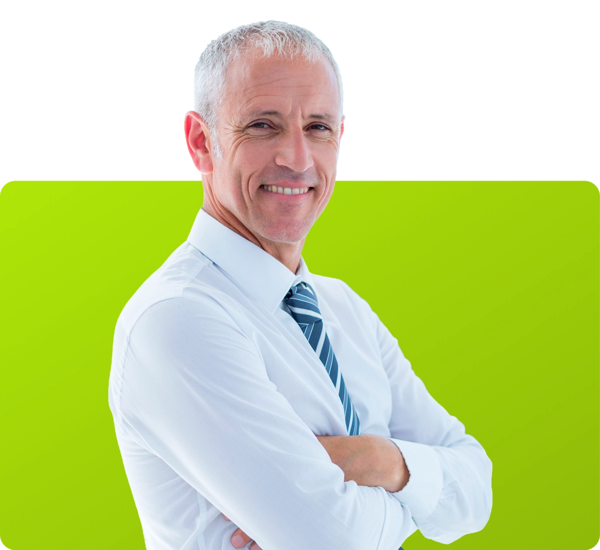 Smiling business outcomes consultant with grey hair, wearing a white shirt and striped tie, posing with crossed arms.